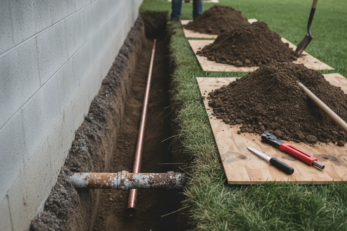 Excavated water line trench during Water Heater Repair in McConnells